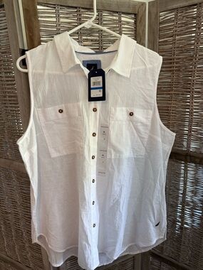 Nautica Jeans Laguna Beach White Sleeveless Linen Button-Down Shirt
